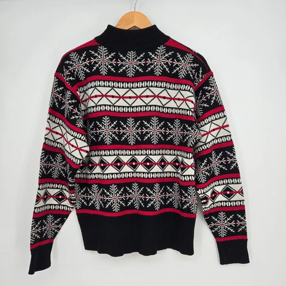 Mens L Vintage Snowflake Fair Isle Wool Blend Sweater Red Black M - Picture 2 of 8